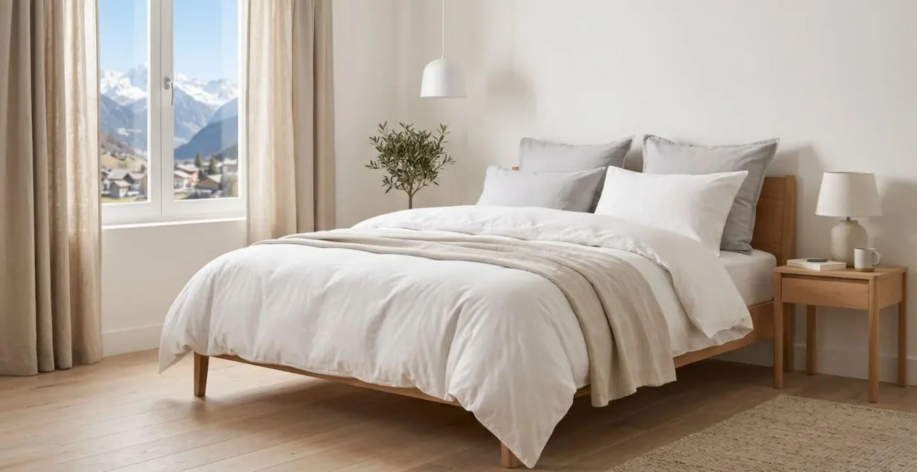 Chambre contemporaine française avec lit double recouvert d'une couette en percale de coton blanc, lumière naturelle douce, matériaux naturels (bois clair, lin), ambiance sereine et reposante
