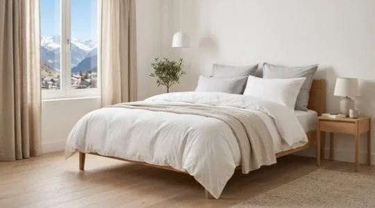 Chambre contemporaine française avec lit double recouvert d'une couette en percale de coton blanc, lumière naturelle douce, matériaux naturels (bois clair, lin), ambiance sereine et reposante