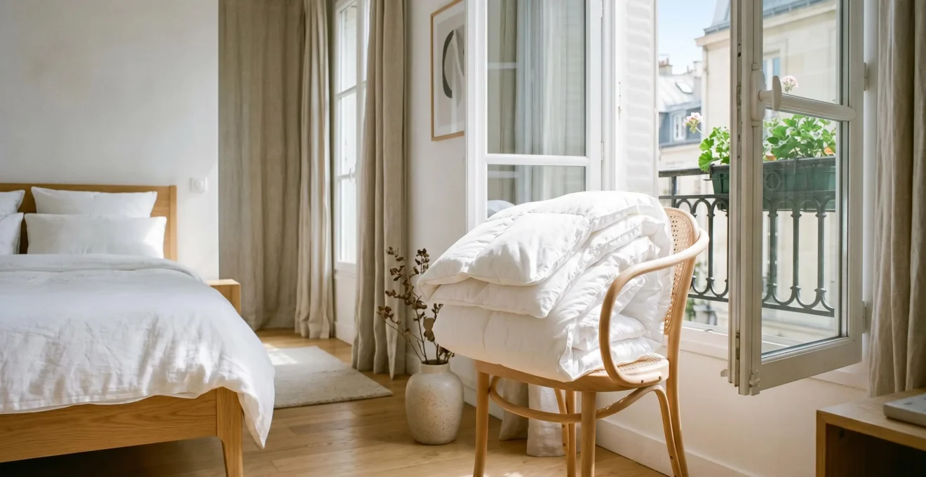 Couette blanche pliée près d'une fenêtre ouverte dans une chambre lumineuse ou rangée dans une housse en coton respirant, geste d'entretien et aération quotidienne