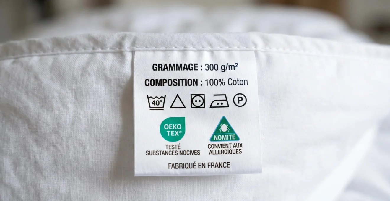 Gros plan sur étiquette textile en français indiquant le grammage 300 g/m², la composition 100% coton et les logos de certification Oeko-Tex et NOMITE sur une couette blanche