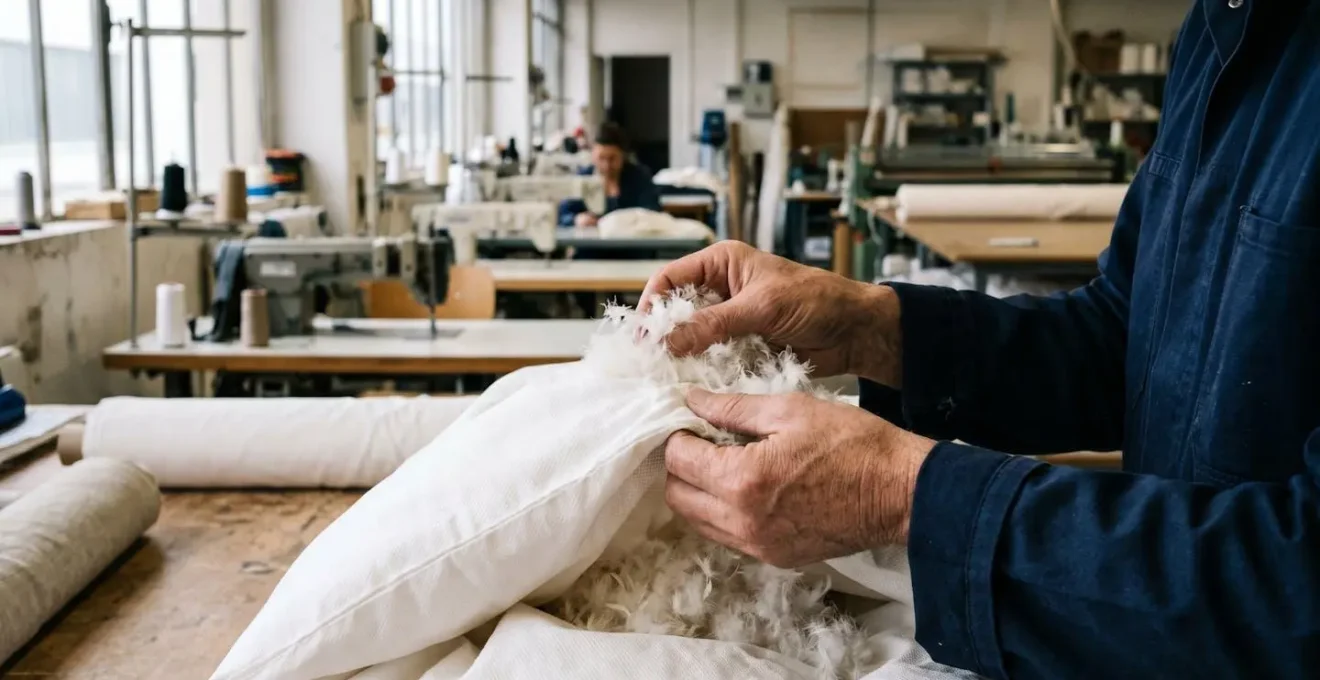 Mains d'un professionnel textile inspectant du duvet naturel et de la percale de coton dans un atelier de confection français, contrôle qualité artisanal